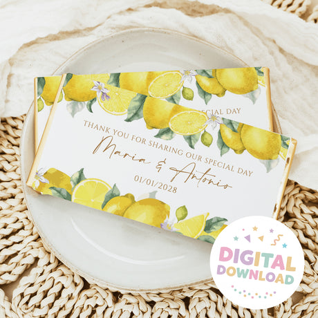 Lemon wedding print-yourself chocolate bar with floral lemon design, thank-you text and date.