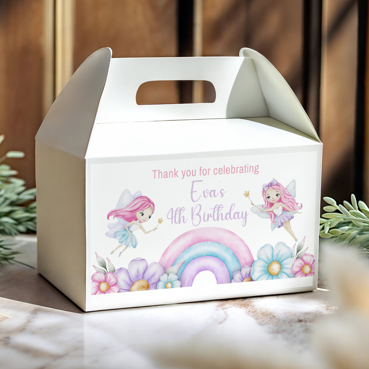 Personalised gable favour box, white with rainbow and fairy 4th Birthday design