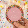 Personalised giant freckles treat bag with pastel sprinkles and pink heart label