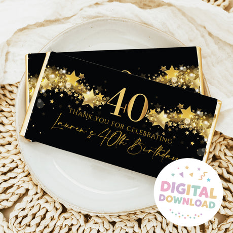 Black chocolate bar wrapper with gold 40 stars and thank-you birthday text