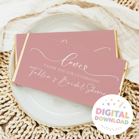 Dusty pink chocolate bar wrapper with 'Love' script and Thank You message