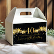 40th birthday gable favor box, black with gold stars and thank you text