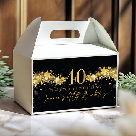 Black and gold star 40th personalised gable favour box with handle and “40”