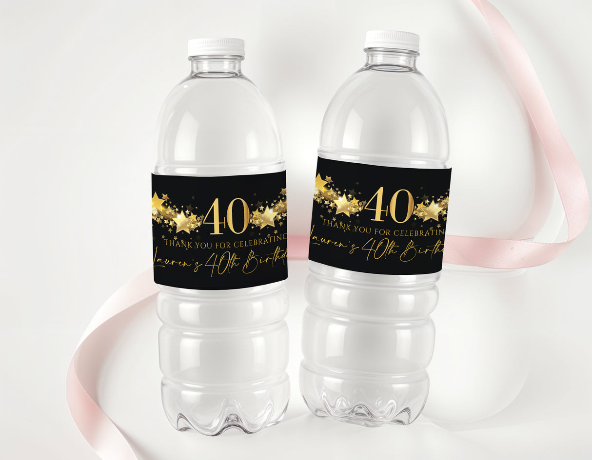 Clear water bottles with black 40th birthday label and gold star accents
