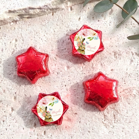 Personalised foil-covered chocolate star with floral bunny label, red
