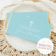Light blue christening chocolate bar wrapper with white cross and thank-you text