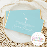 Light blue christening chocolate bar wrapper with white cross and thank-you text