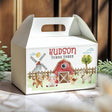 Personalised gable favour box with farm animals, name HUDSON and age Three, carry handle