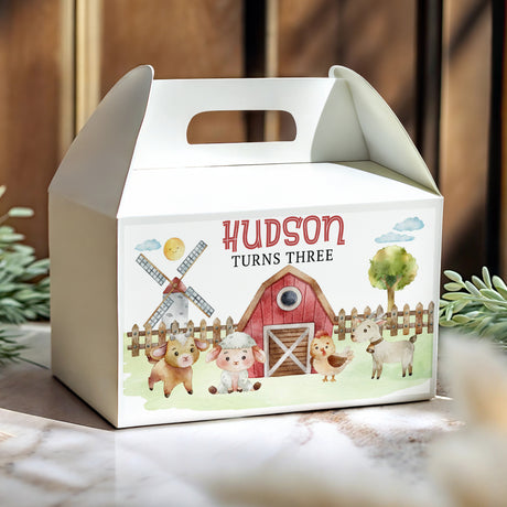 Personalised gable favour box with farm animals, name HUDSON and age Three, carry handle