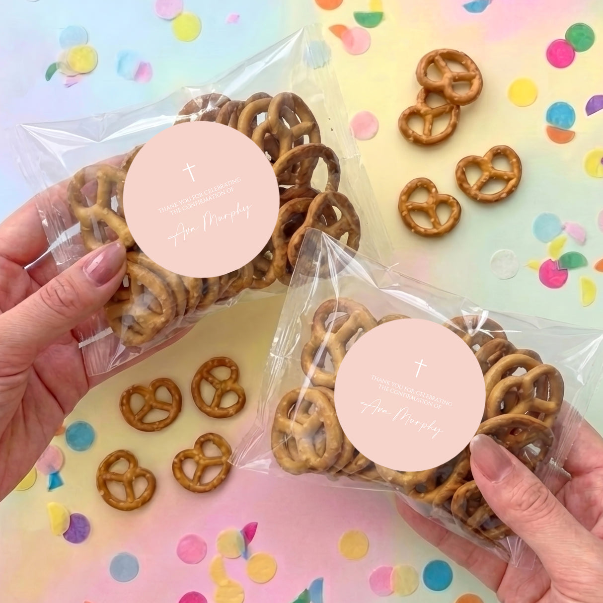 Personalised pretzel gift bag with cross label, clear bag with brown pretzels