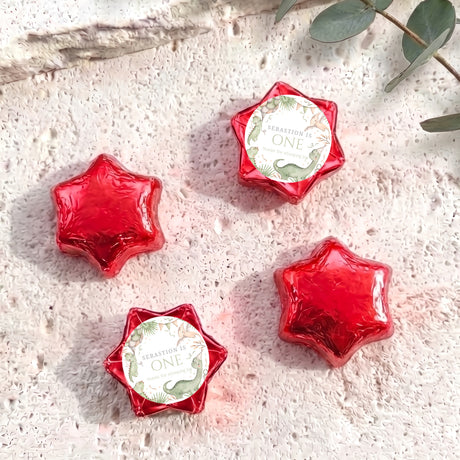 Red foil star chocolates with personalised 'One' label, dinosaur theme