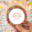 Personalised birthday giant freckles bag with rainbow sprinkle ring and round name sticker