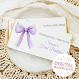 Chocolate bar wrapper with purple bow and First Birthday text, digital download badge