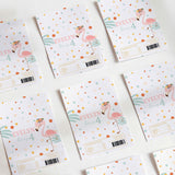 Printed white chocolate wrappers with flamingo, “EVELYN 4,” and barcode label