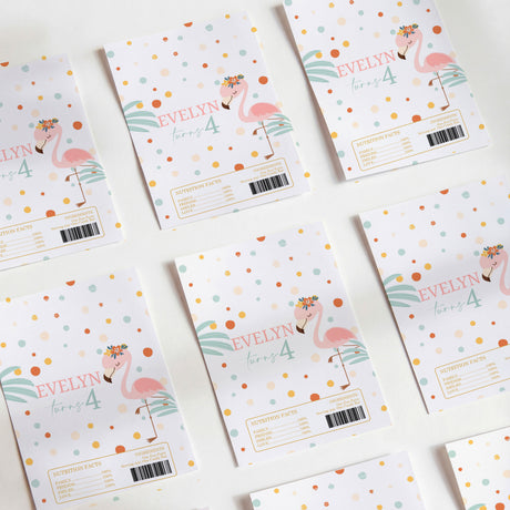 Printed white chocolate wrappers with flamingo, “EVELYN 4,” and barcode label