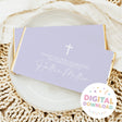 Lilac custom christening chocolate bar wrapper with thank-you text, cross icons, and name