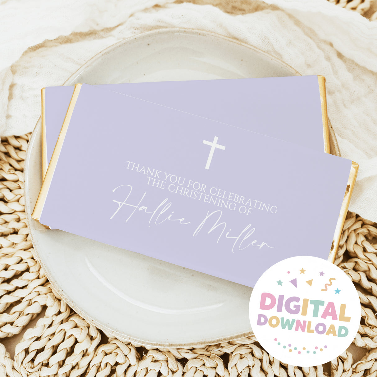 Lilac custom christening chocolate bar wrapper with thank-you text, cross icons, and name
