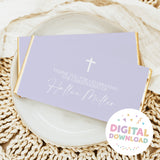 Lilac custom christening chocolate bar wrapper with thank-you text, cross icons, and name