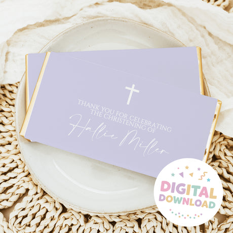 Lilac custom christening chocolate bar wrapper with thank-you text, cross icons, and name