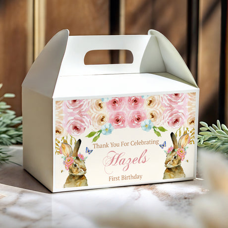 Personalised gable favour box with floral roses and bunny print, Thank You Hazel