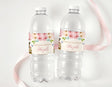 Personalised water bottle labels with floral pink bunny design, wrapped around two bottles