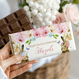 Personalized chocolate bar wrapper with pink roses, bunny illustration, and 'Thank You Hazels'.