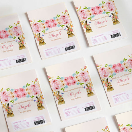 Floral bunny first birthday printed chocolate wrappers, pink and floral design, multiple packs