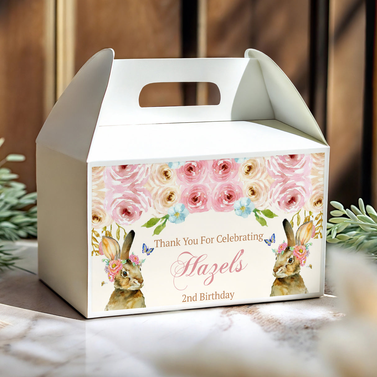 Floral bunny birthday gable favor box with handle and thank-you message.