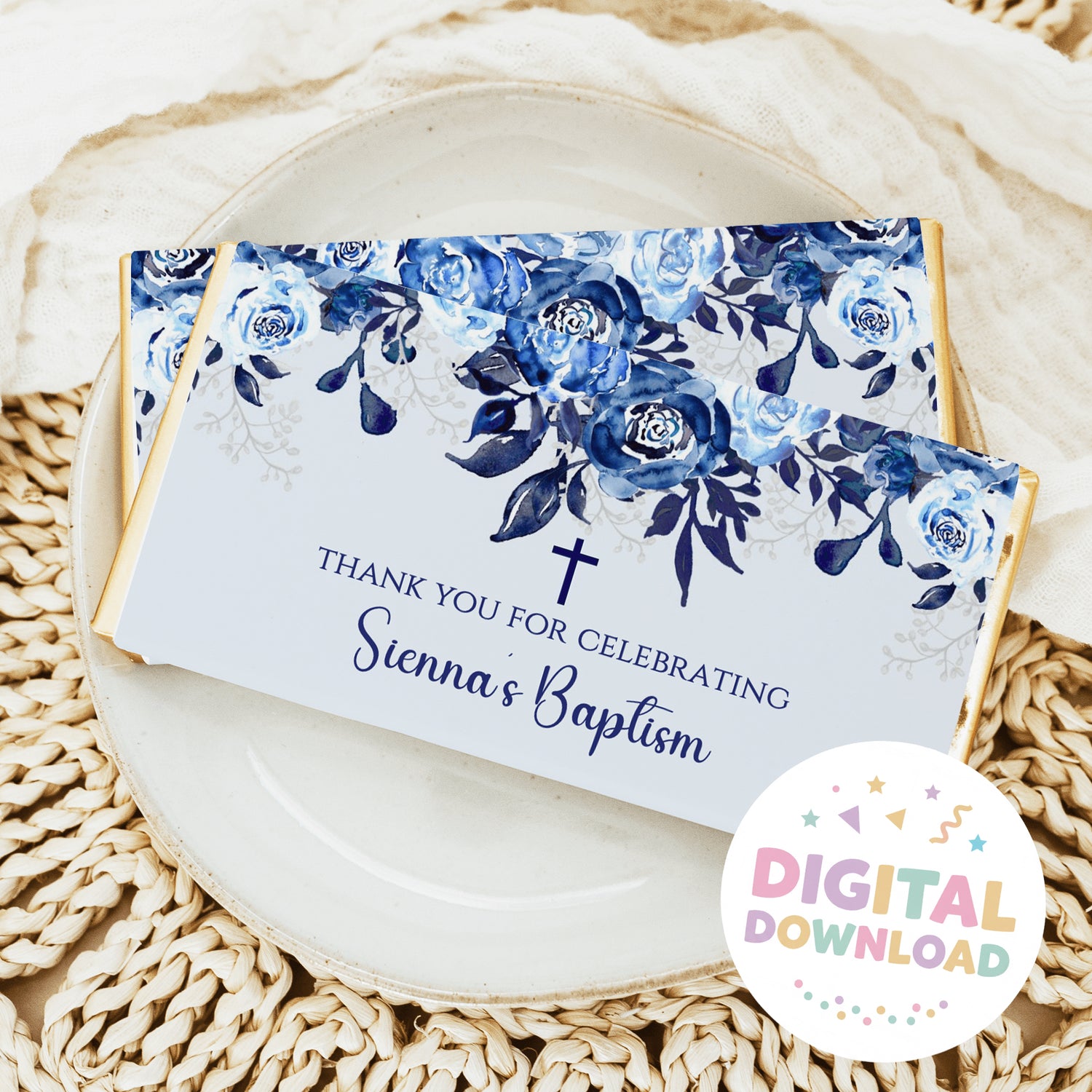Navy blue rose floral chocolate bar wrapper with thank-you baptism message and cross