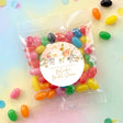 Personalised jelly bean bag with clear candy pouch and round floral thank-you label