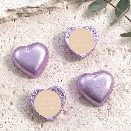 Foil-covered chocolate hearts, lavender, with round personalised message label