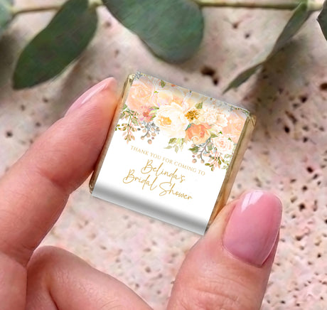 Peach and cream floral mini chocolate favor with thank-you bridal shower message