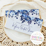 Blue floral thank you chocolate bar wrapper with bridal shower text and Digital Download badge