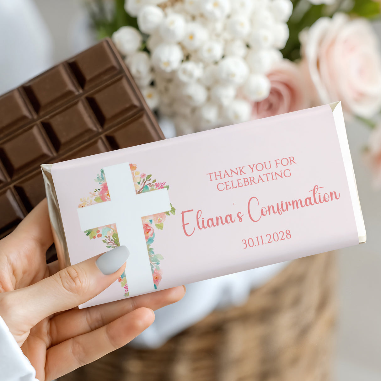 Confirmation chocolate bar with white floral cross wrapper, "Thank you for celebrating"
