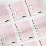 Pink DIY chocolate wrappers with floral cross and thank-you text, barcodes on back