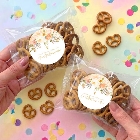Personalised pretzel bag with floral round label and pretzels inside, clear wrap