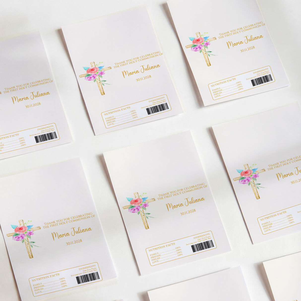 White first communion chocolate wrappers with floral cross and Maria Juliana text