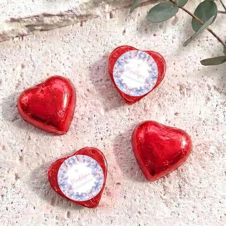 Personalised foil-covered chocolate hearts, red heart chocolates with floral window