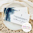 Navy watercolour baptism thank-you card with gold flecks, cross icons, and name script