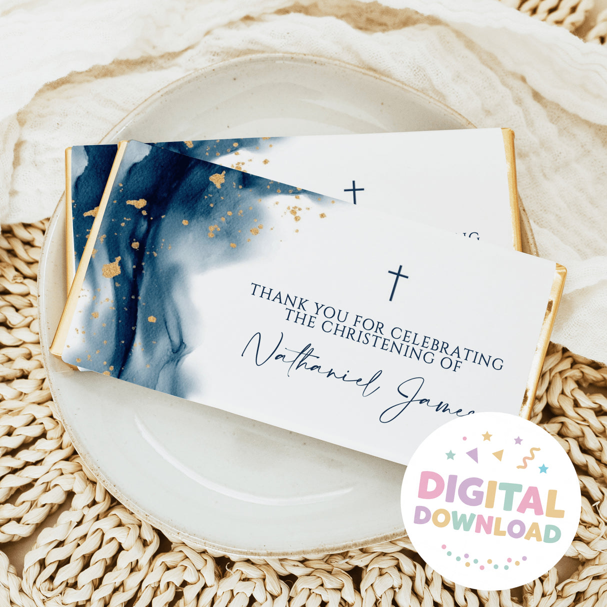 Navy watercolour baptism thank-you card with gold flecks, cross icons, and name script