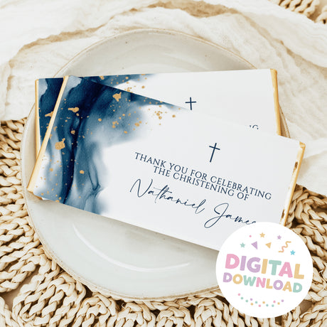 Navy watercolour baptism thank-you card with gold flecks, cross icons, and name script