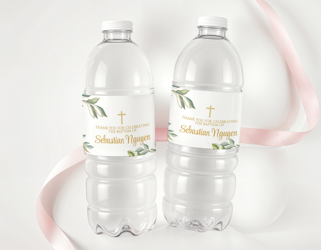 Personalised baptism water bottle labels with cross, greenery leaves, Sebastian Nguyen