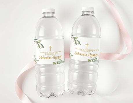 Personalised baptism water bottles with green leaf labels and gold cross