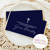 Navy and white christening chocolate bar wrapper with cross, Thank you text, and baptism name
