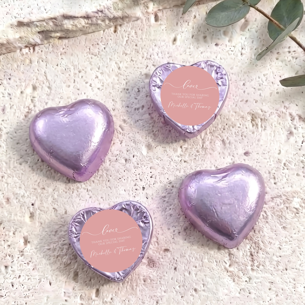 Personalised foil-covered chocolate hearts, lavender-purple foil hearts with personalized message labels