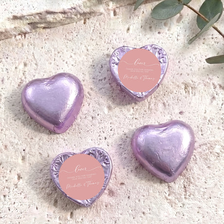 Personalised foil-covered chocolate hearts, lavender-purple foil hearts with personalized message labels