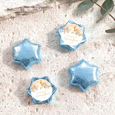 Blue personalised foil-covered chocolate star with floral message card