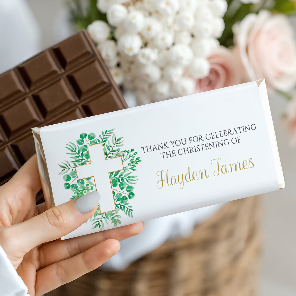 Custom christening chocolate bar with green leafy cross and thank-you card, name Hayden James