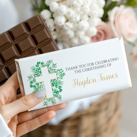 Custom christening chocolate bar with green leafy cross and thank-you card, name Hayden James