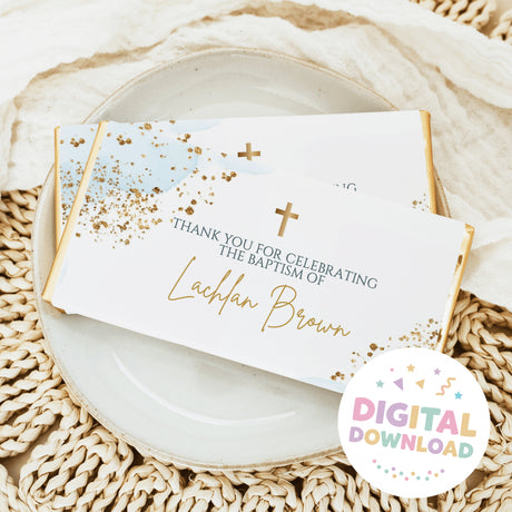 Chocolate bar wrapper with pastel blue and gold speckles, crosses, and custom thank-you text
